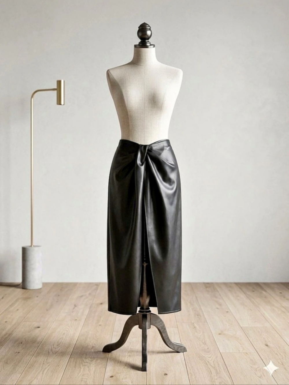 Open Edit Faux Leather Wrap Front Midi Skirt Black Large